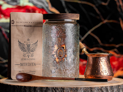 Full Coffee Kit with ~ 6 oz Xhezve (Turkish coffee pot), jar, coffee and spoon.