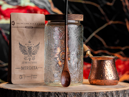 Full Coffee Kit with ~ 6 oz Xhezve (Turkish coffee pot), jar, coffee and spoon.