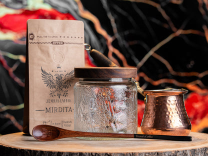 Full Coffee Kit with ~ 6 oz Xhezve (Turkish coffee pot), jar, coffee and spoon.