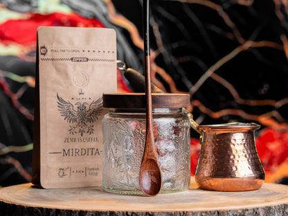 Full Coffee Kit with ~ 6 oz Xhezve (Turkish coffee pot), jar, coffee and spoon.