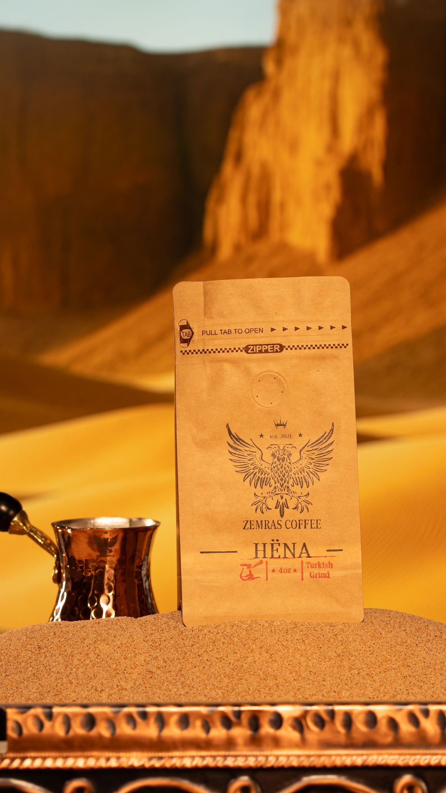 Specialty Hëna decaf coffee and a handcrafted copper xhezve, ideal for those who love the ritual of Turkish coffee without the buzz.