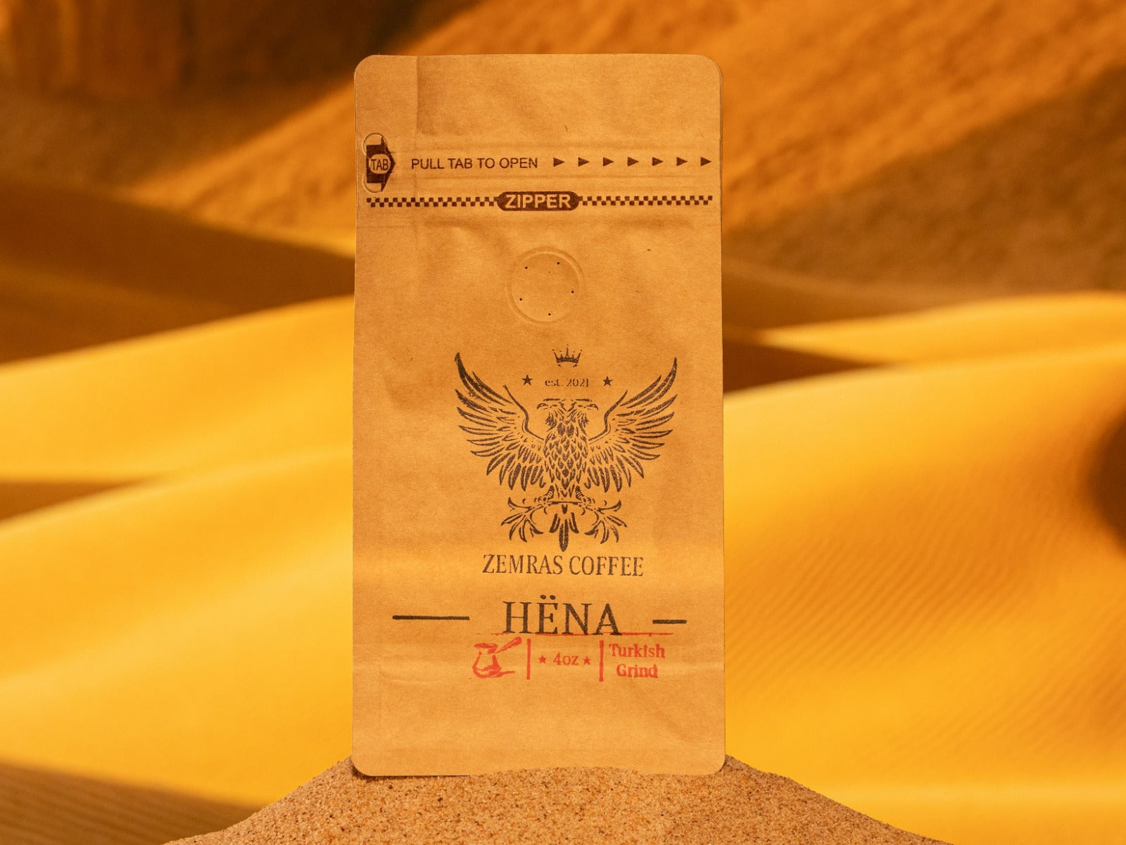 Solo front view of the Hëna decaf coffee bag, featuring chemical-free Mountain Water Process beans for an evening ritual.