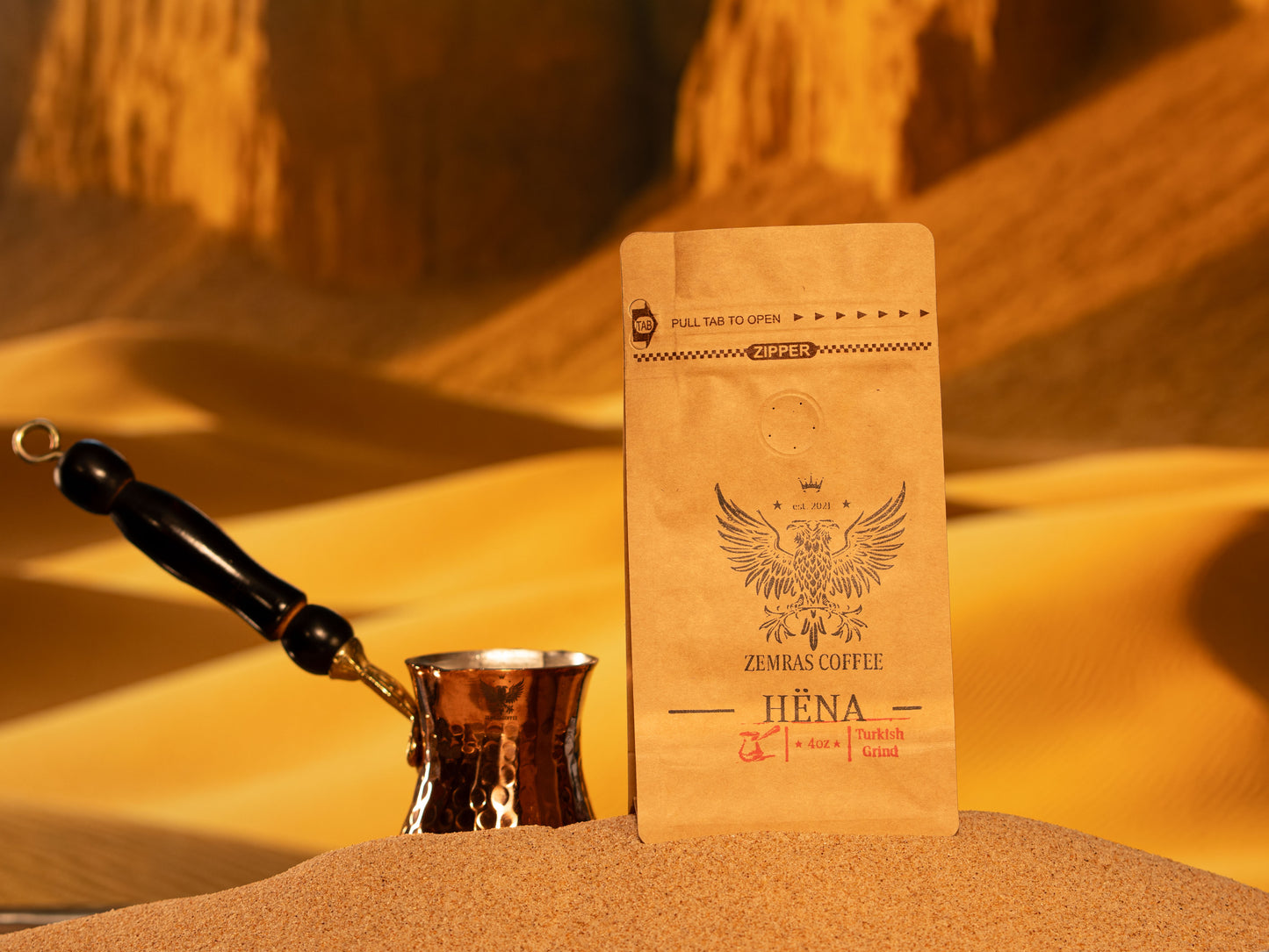 Front view of the Hëna decaf coffee bag, roasted with Enderly Coffee in Charlotte for a premium, organic evening coffee experience.