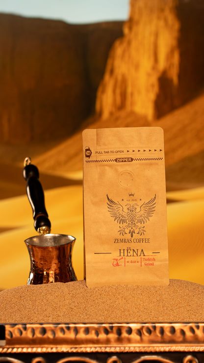 Vertical shot of Hëna "Moon" decaf coffee, a medium-dark roast perfect for both whole bean grinding and traditional Turkish brewing.