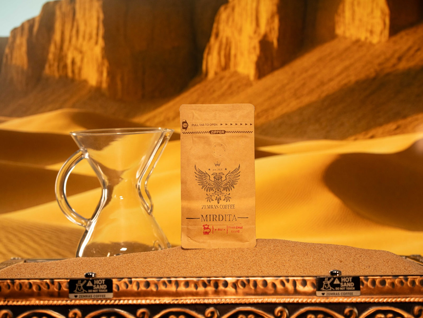 Single bag of Mirdita specialty coffee ground for pour-over methods like Chemex and Hario V60, featuring chocolatey and earthy notes.