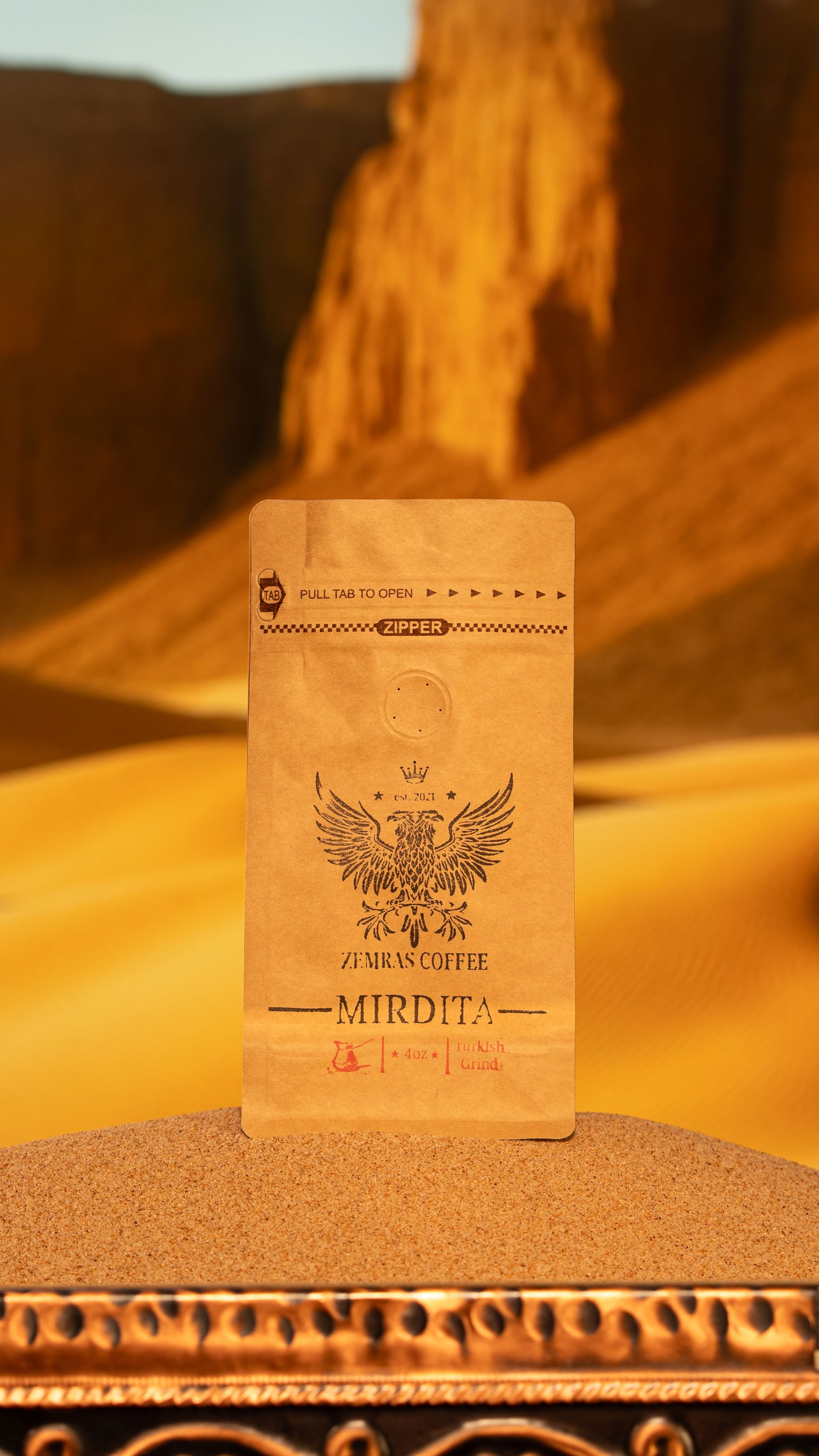 Front view of the Mirdita coffee bag, an Albanian "Good Day" dark roast blend designed for a rich morning ritual.